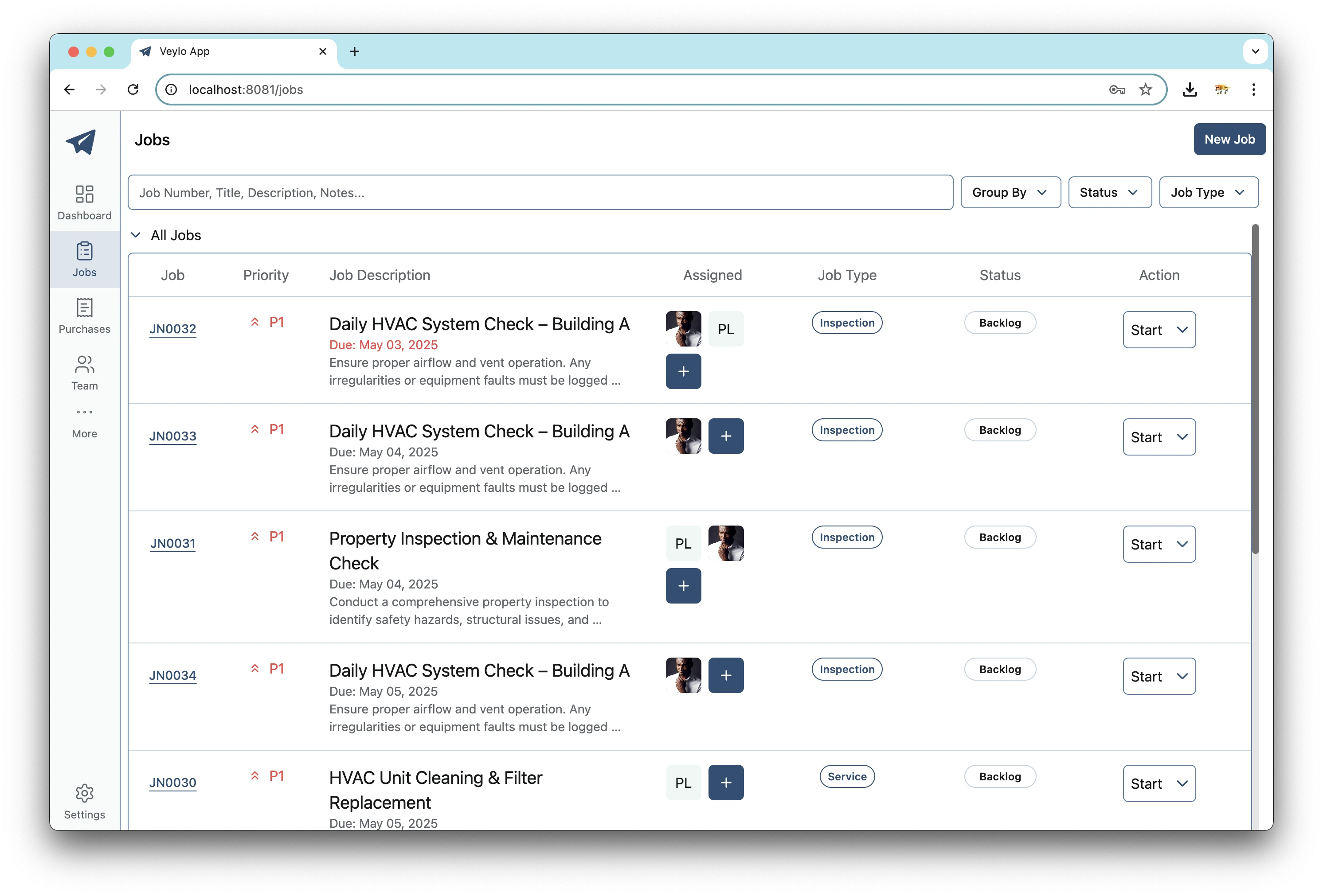 Laptop Screen of Veylo web App showing list of Jobs that can be grouped or filter