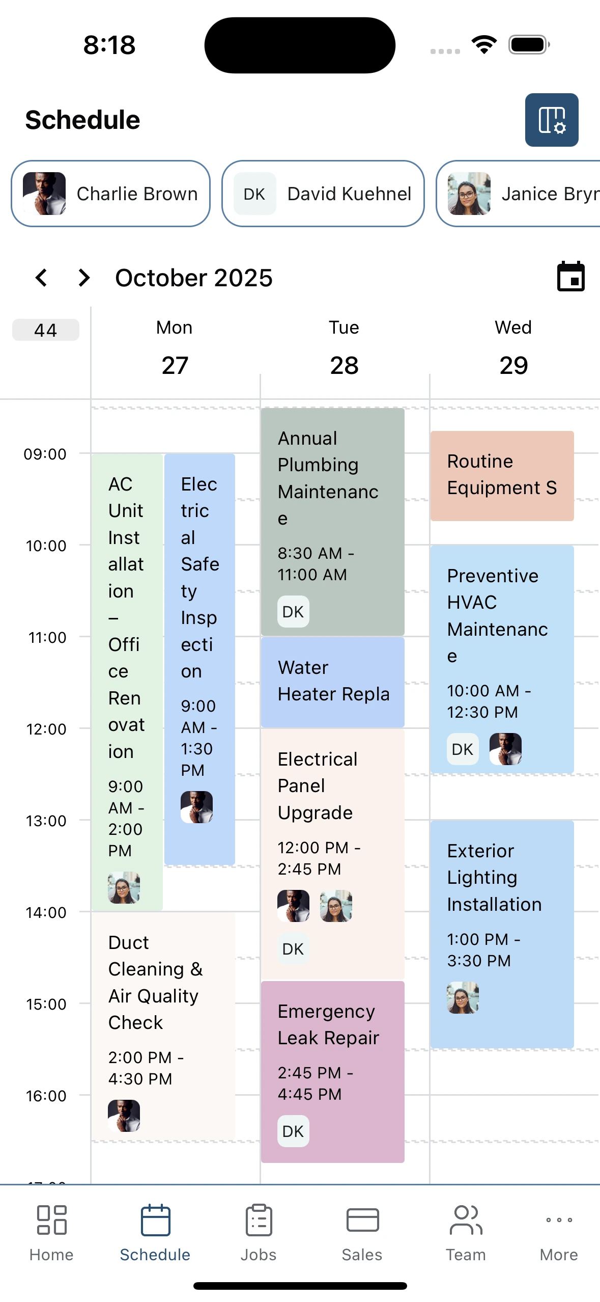 Veylo Schedule Calendar Screen showing scheduled jobs assigned to one or multiple team members